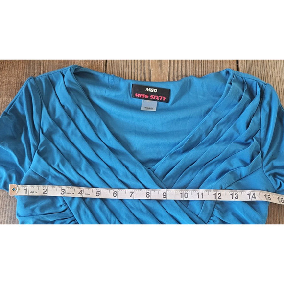 Miss Sixty M60 Dress Medium Blue Ruched Pleated V Neck Bodycon Short Sleeve Mini - Picture 7 of 11